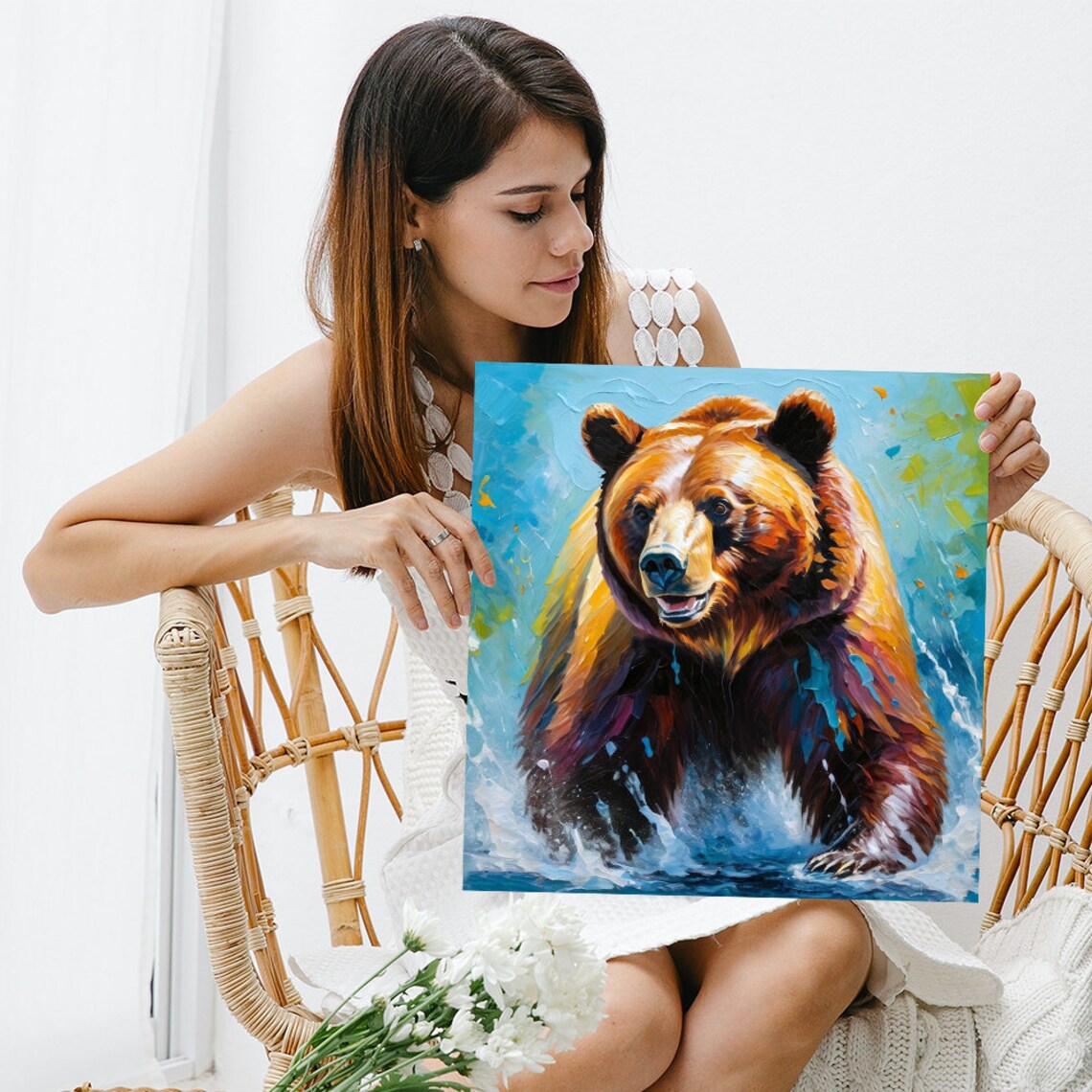 Majestic Grizzly Bear Splash Colorful Impasto River Wildlife Wall Poster - Image 3