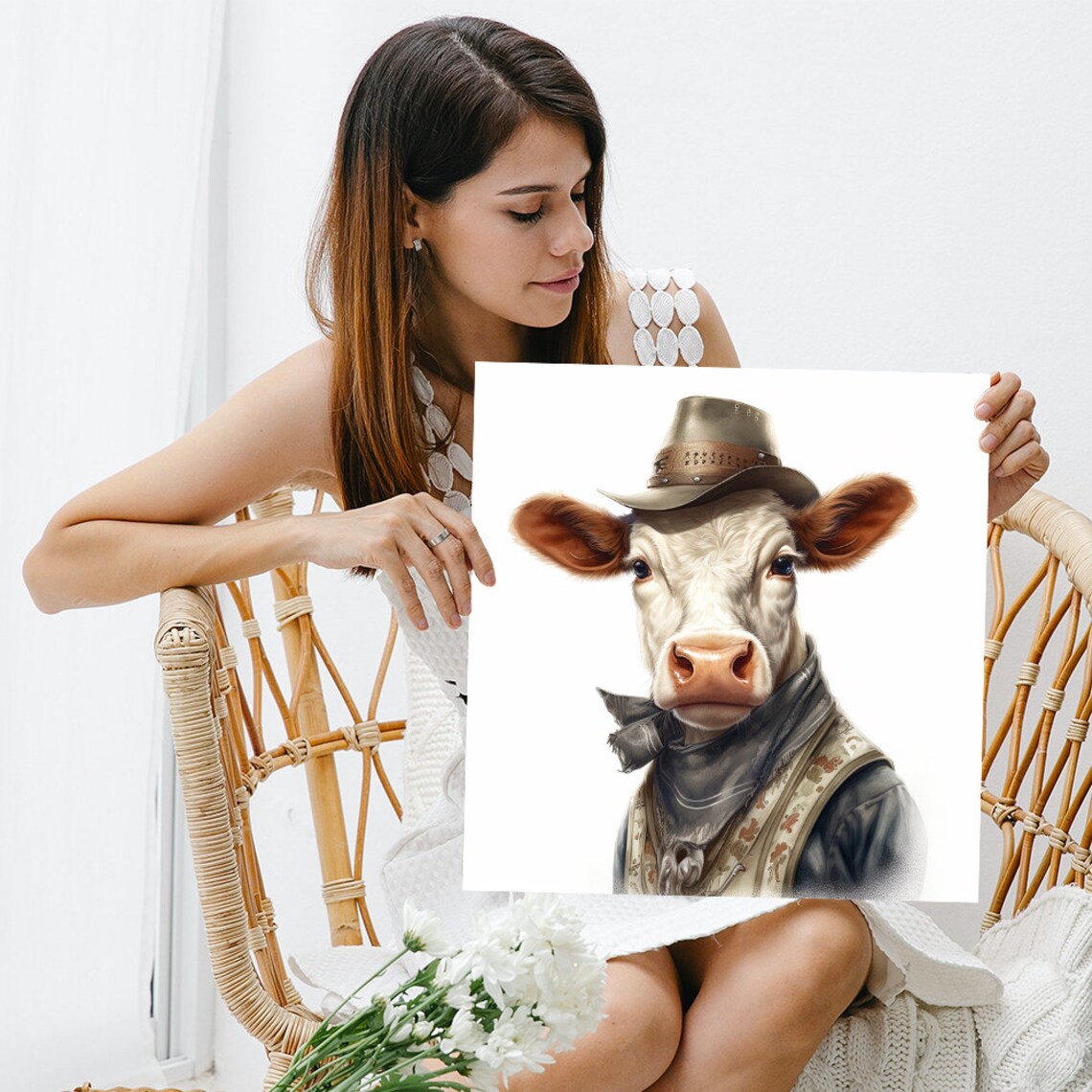 Cowboy Cow In Hat Bandana And Vest Whimsical Western Art Poster - Image 3