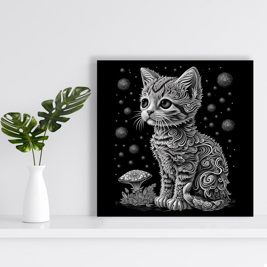 Cosmic Kitten Zentangle Art Black White Swirl Pattern Wall Poster - Image 2