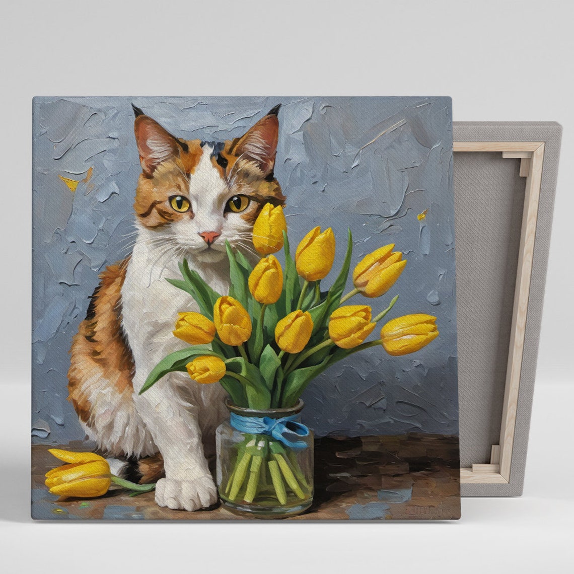 Orange White Cat with Yellow Tulips Impasto Floral Kitchen Wall Poster