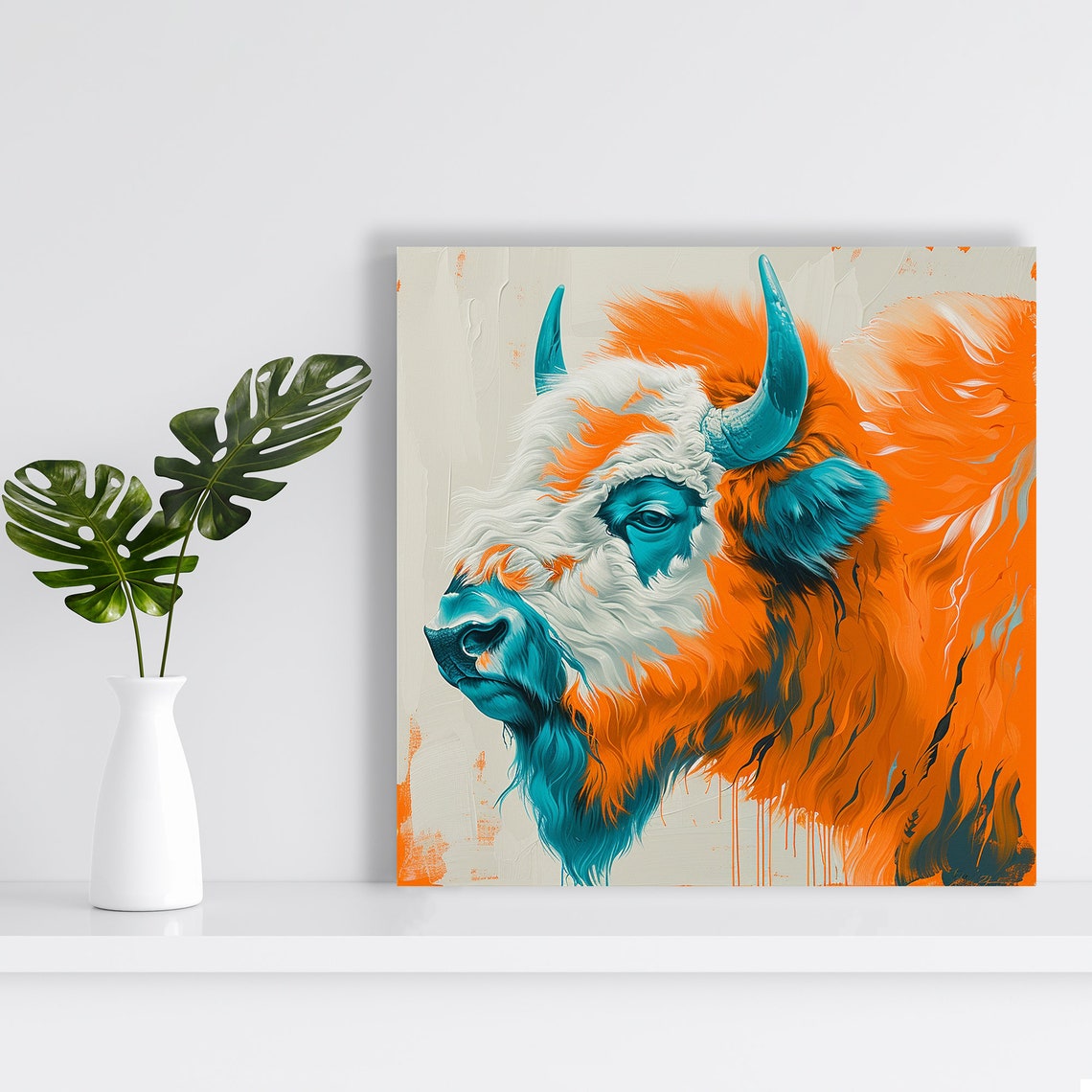 Bison Portrait Orange Teal White Modern Painterly Wildlife Poster - Image 2