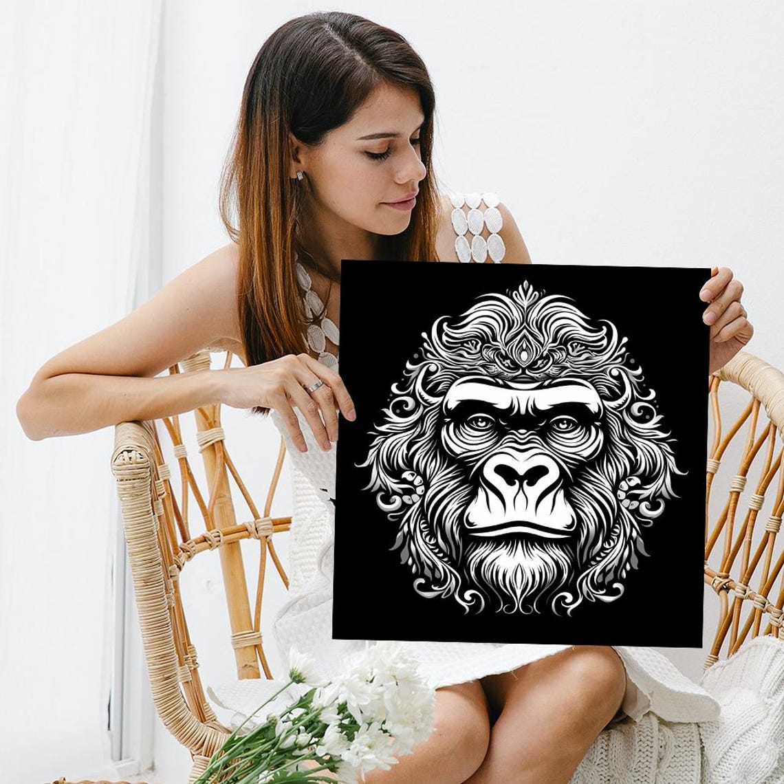 Ornate Gorilla Mandala Line Art White On Black Tribal Primate Poster - Image 3