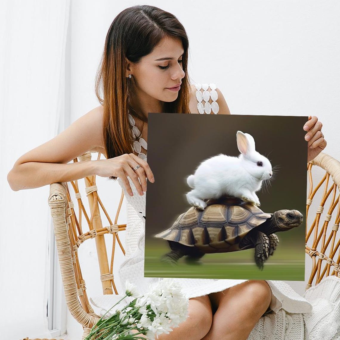 White Bunny Riding Tortoise Whimsical Fable Animal Friends Poster - Image 3