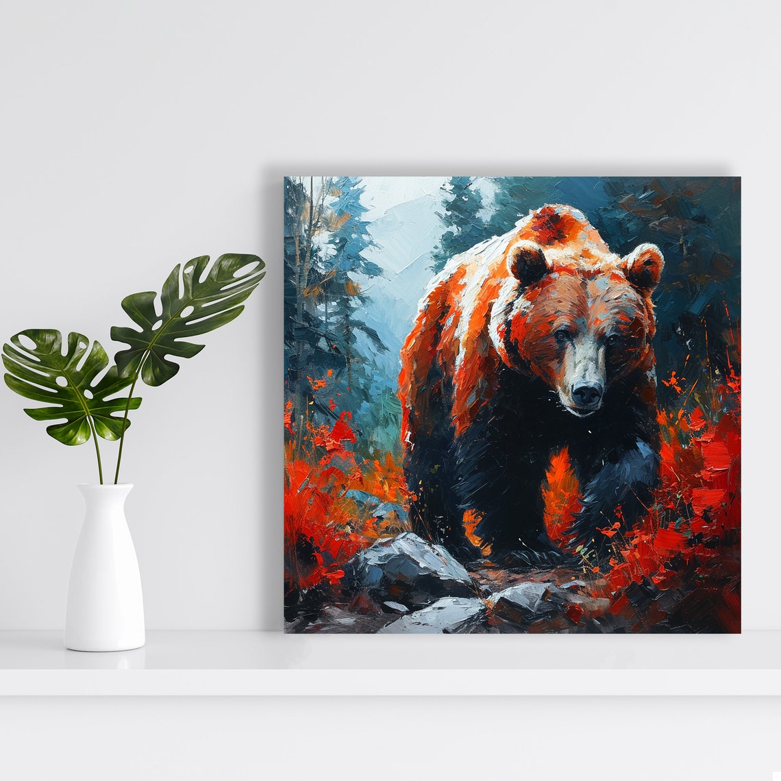 Grizzly Bear Walking Through Fiery Red Autumn Forest Bold Oil Poster - Image 2