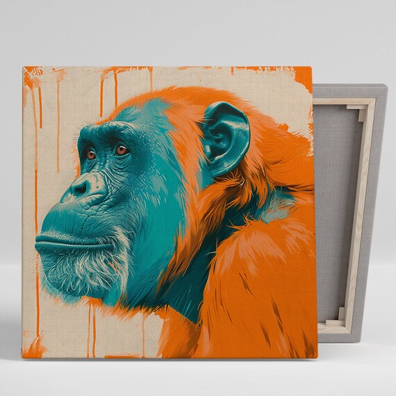 Chimpanzee Wall Art Or Poster Pop Art Contemporary Decor Living Room Office Bedroom Game Room Wall Art Teal Orange Blue White