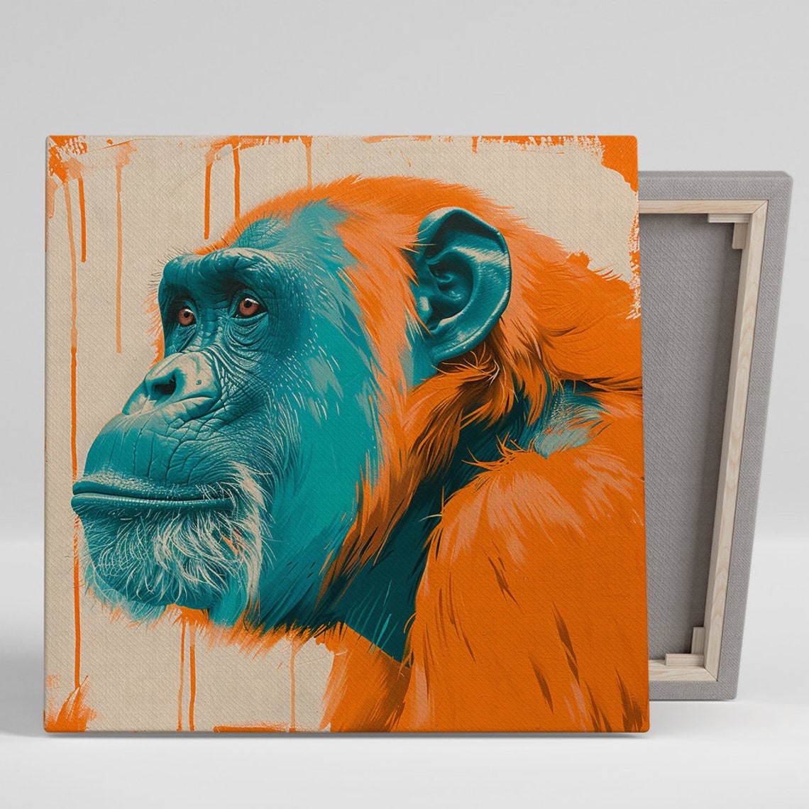 Chimpanzee Portrait Teal Orange Drip Paint Modern Art Wall Poster