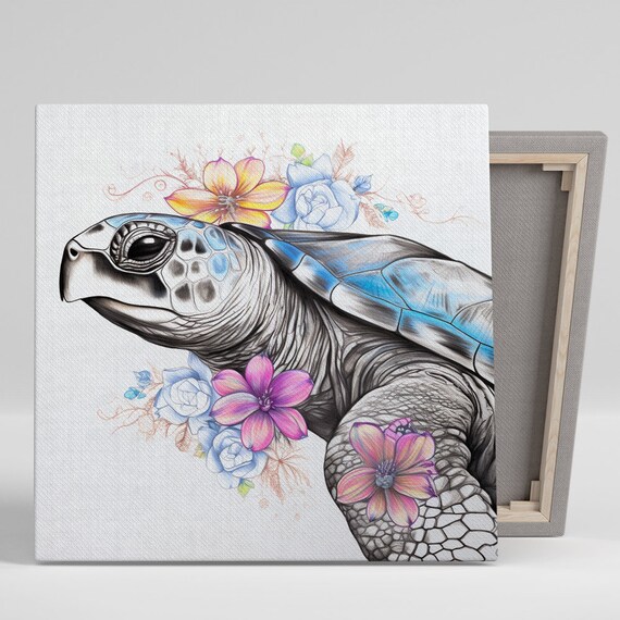 Blossoming Sea Turtle Elegance Art Or Poster Whimsical Nature Decor Living Room Bedroom Office Childrens Room Blue Pink Yellow