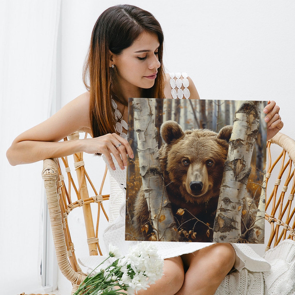 Brown Bear Among Birch Trees Golden Autumn Forest Rustic Wall Poster - Image 3