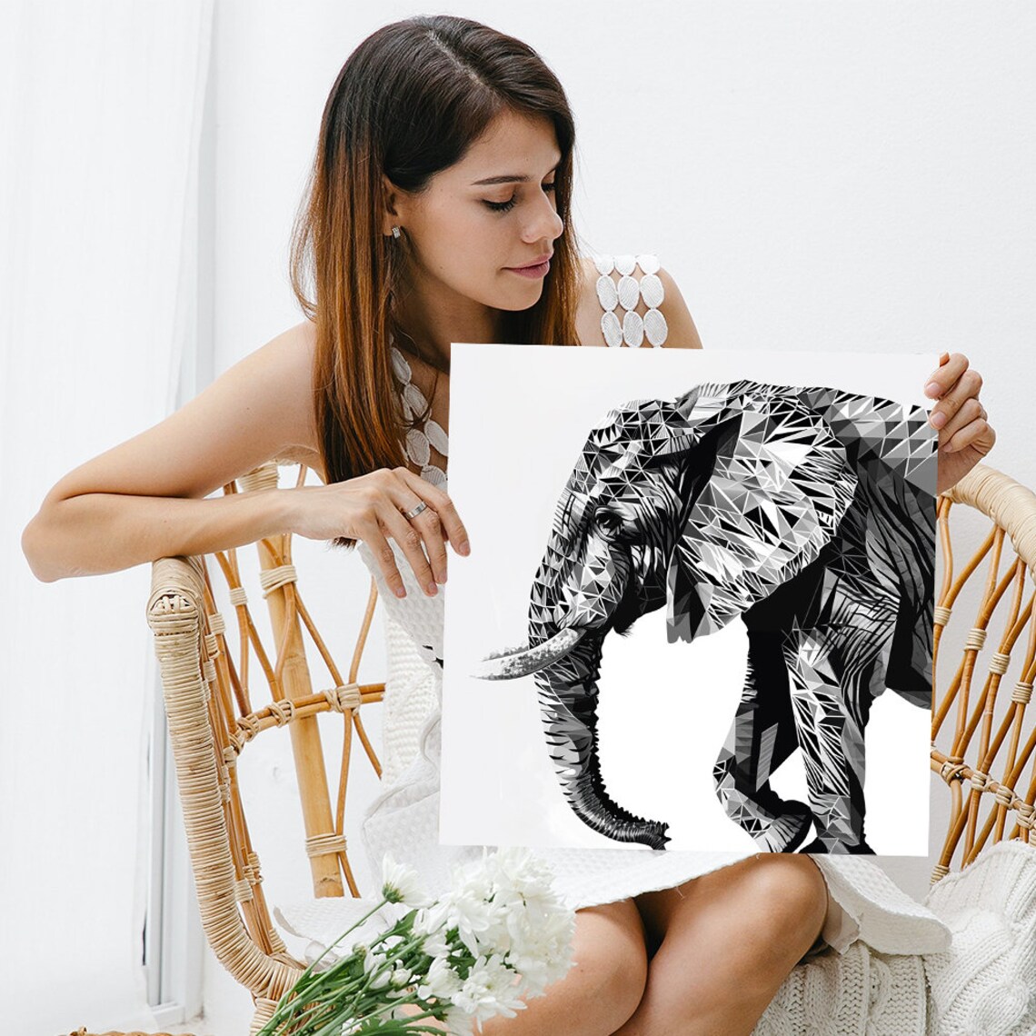 Geometric Polygon Elephant Black And White Modern Abstract Line Art Poster - Image 3