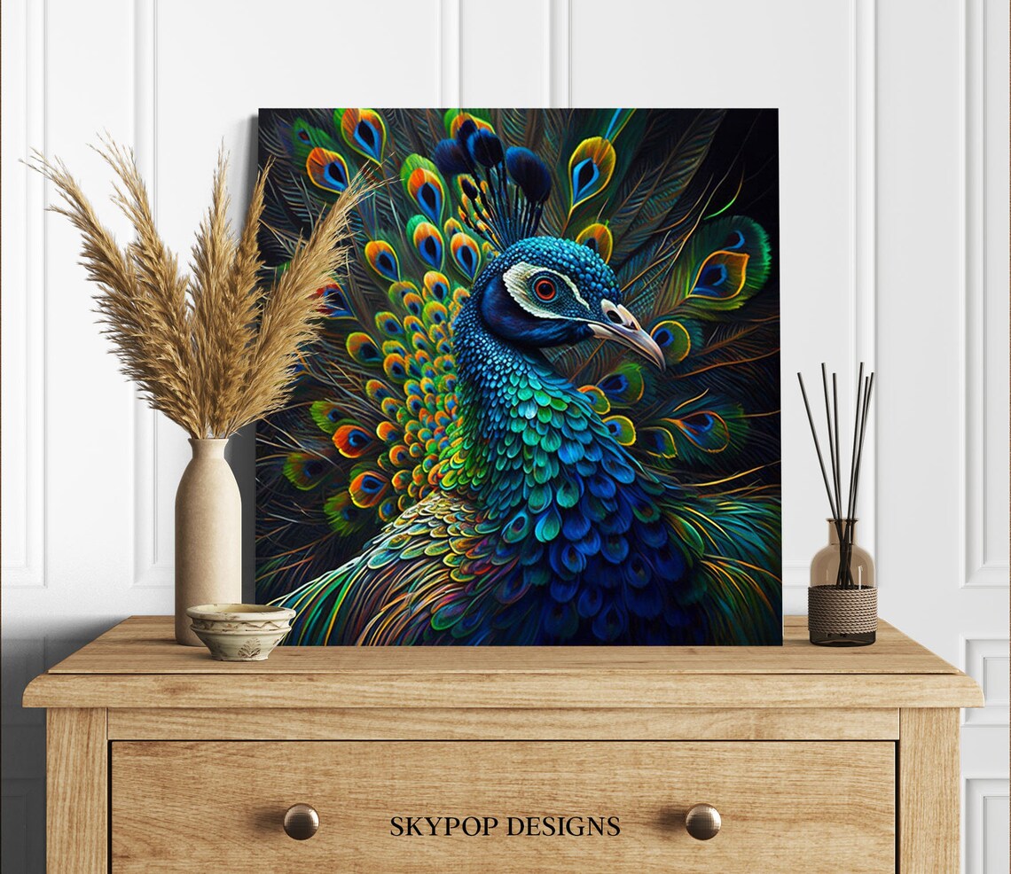 Peacock Fanned Tail Display Dark Regal Wildlife Portrait Art Poster - Image 3