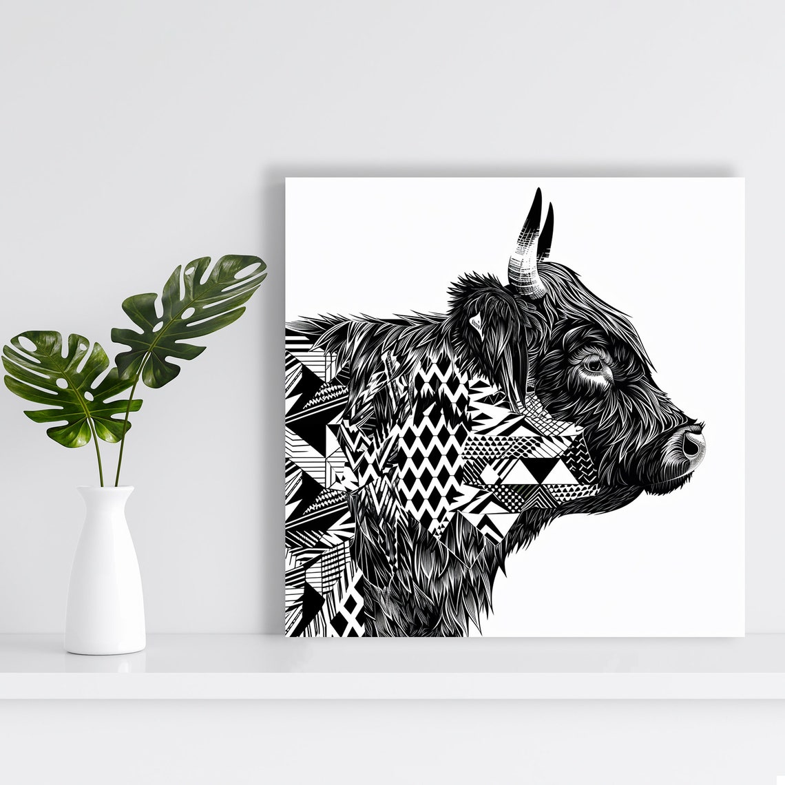Highland Cow Geometric Profile Black White Modern Art Poster - Image 2