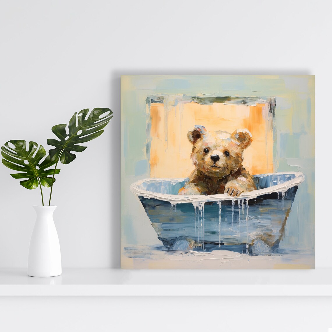 Baby Bear In Bathtub Soft Oil Painting Sweet Nursery Art Poster - Image 2