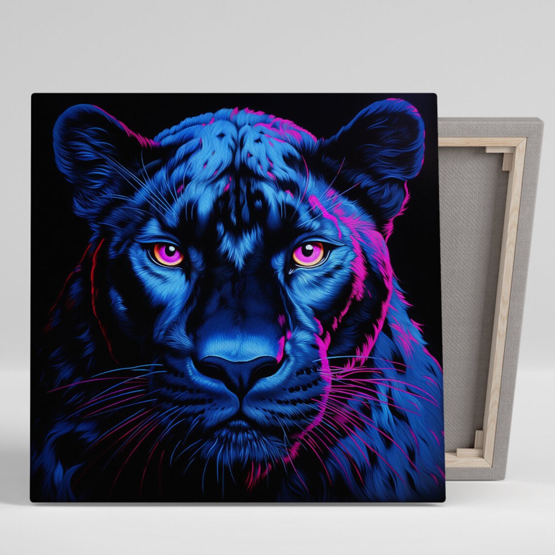 Neon Blue Black Panther Pink Eyes Intense Gaze Modern Animal Poster