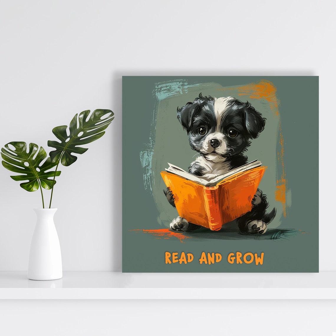 Cute Puppy Reading Book Read And Grow Quote Nursery Kids Poster - Image 2