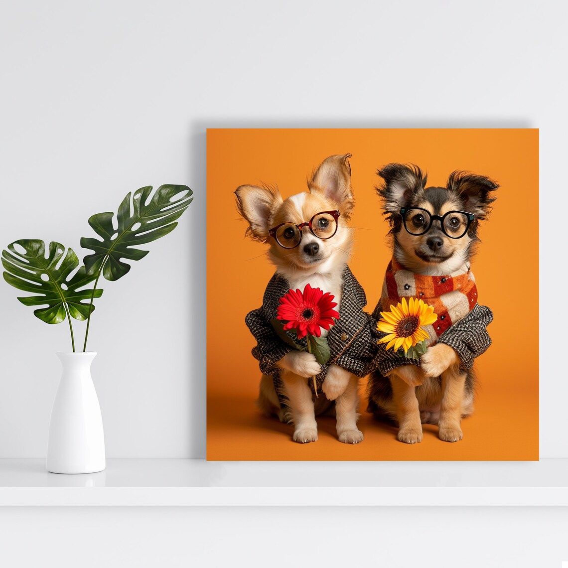 Two Chihuahua Dogs Glasses Flowers Hipster Cute Whimsical Poster - Image 2