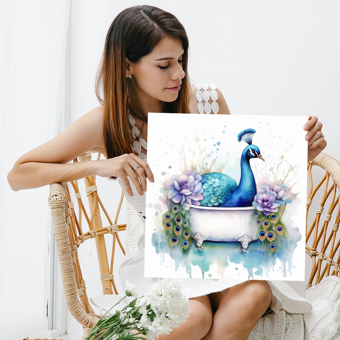Peacock Bathing Watercolor Flowers Blue Purple Turquoise Wall Art - Image 3