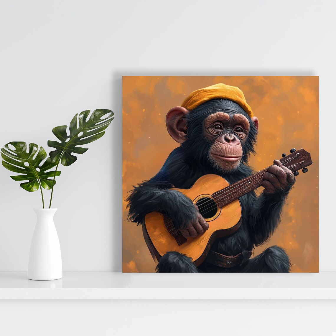 Young Chimpanzee Playing Acoustic Guitar Orange Beanie Music Poster - Image 2