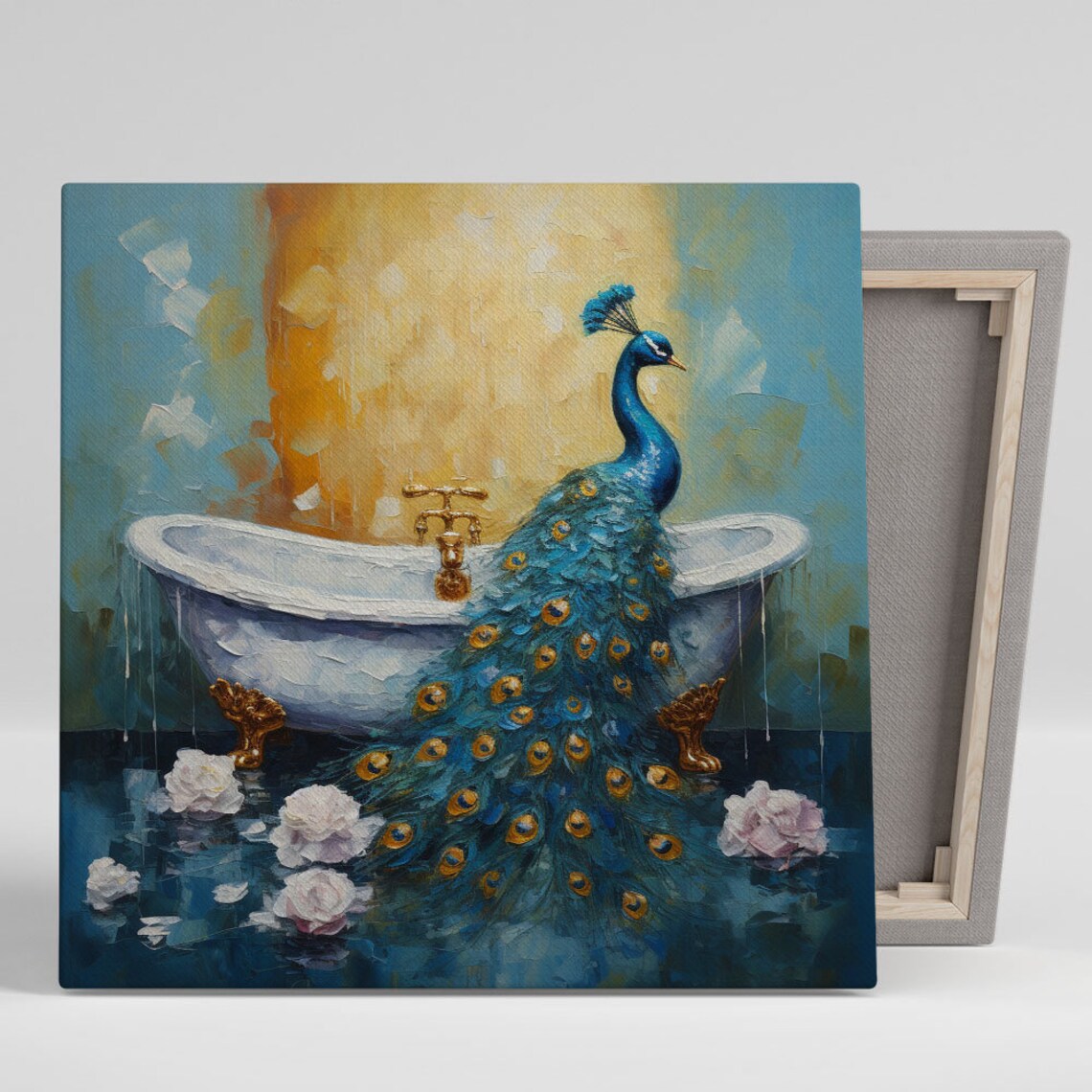 Peacock in Bathtub, Exotic Bathroom Wall Art Print