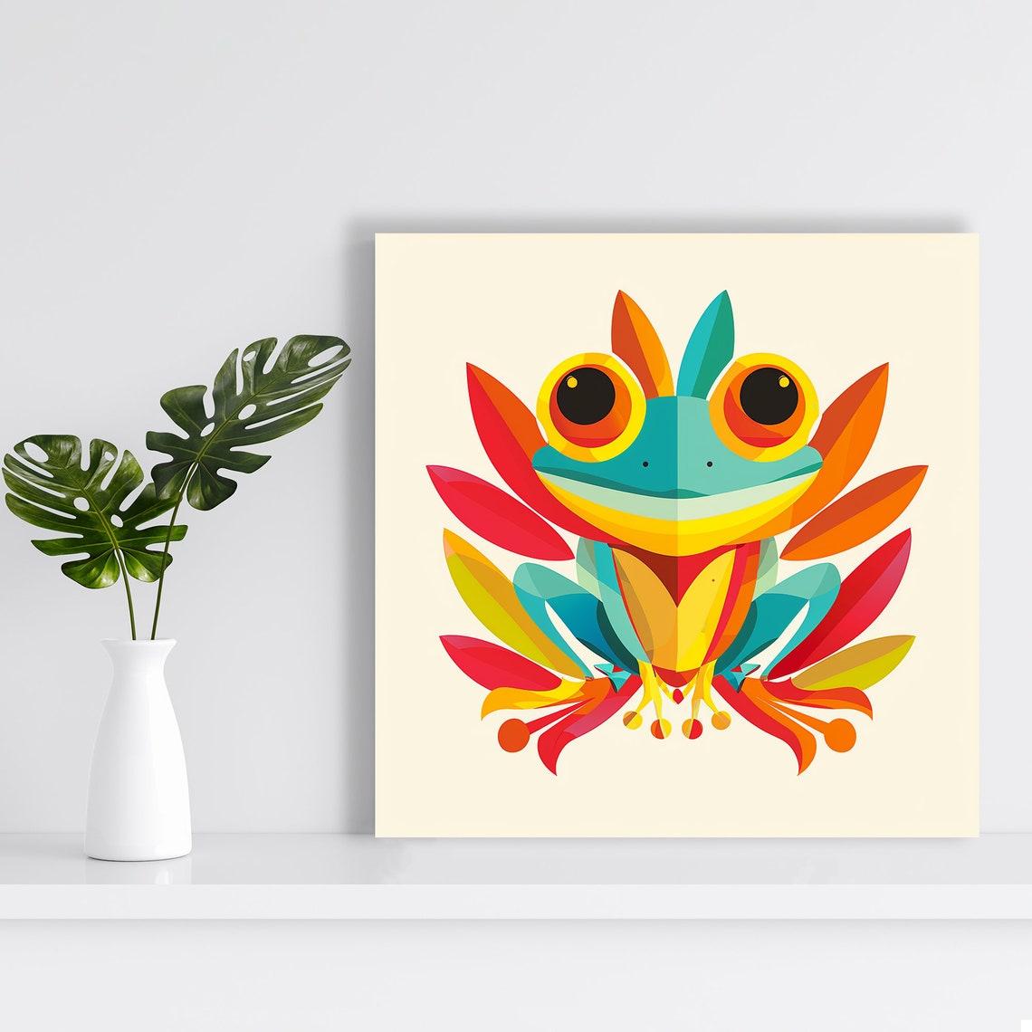 Tree Frog Face Big Eyes Red Orange Teal Whimsical Nature Art Poster - Image 2