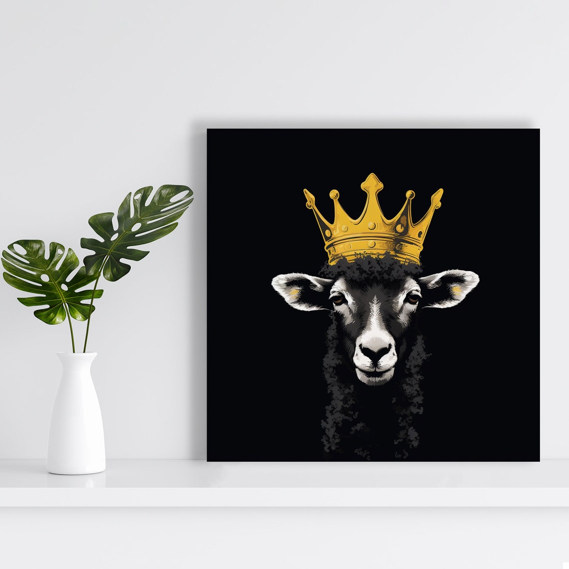 Golden Crown Sheep Black Background Bold Pop Art Animal Wall Art - Image 2