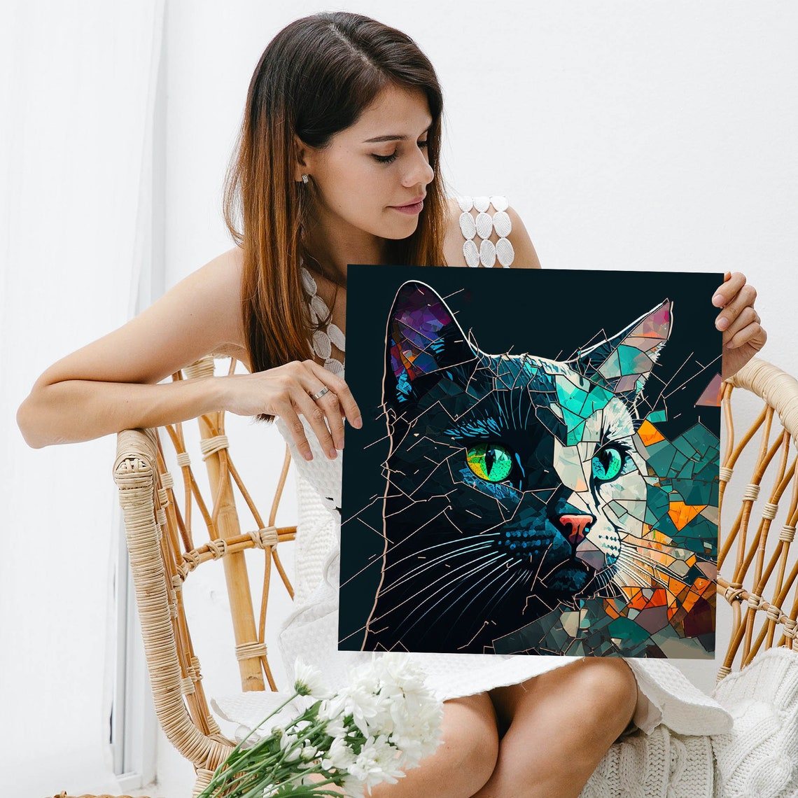 Geometric Mosaic Cat Face Dark Background Modern Abstract Art Poster - Image 3