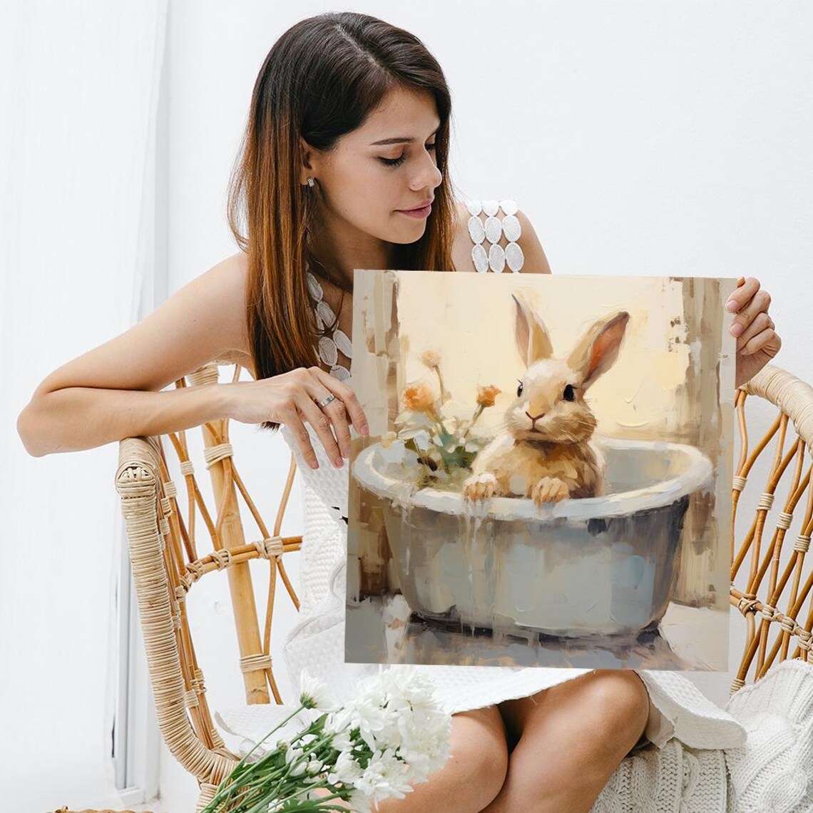 Bunny In Bathtub Soft Beige Floral Whimsical Nursery Animal Art Poster - Image 3