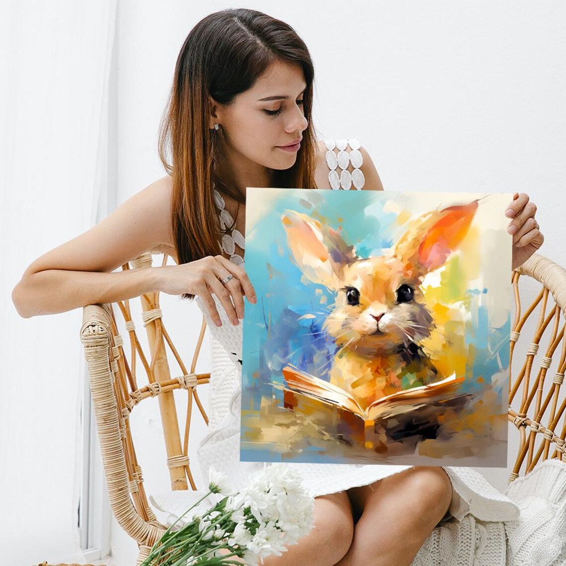 Bunny Reading Book Colorful Watercolor Whimsical Animal Nursery Art Poster - Image 3