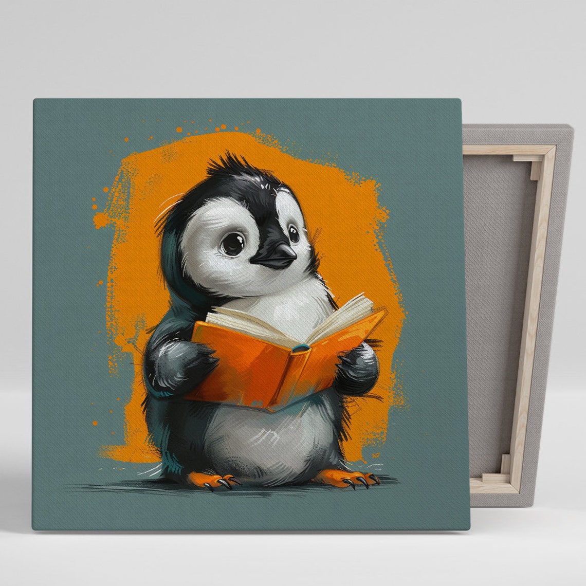 Baby Penguin Reading Orange Book Teal Kids Nursery Wall Poster