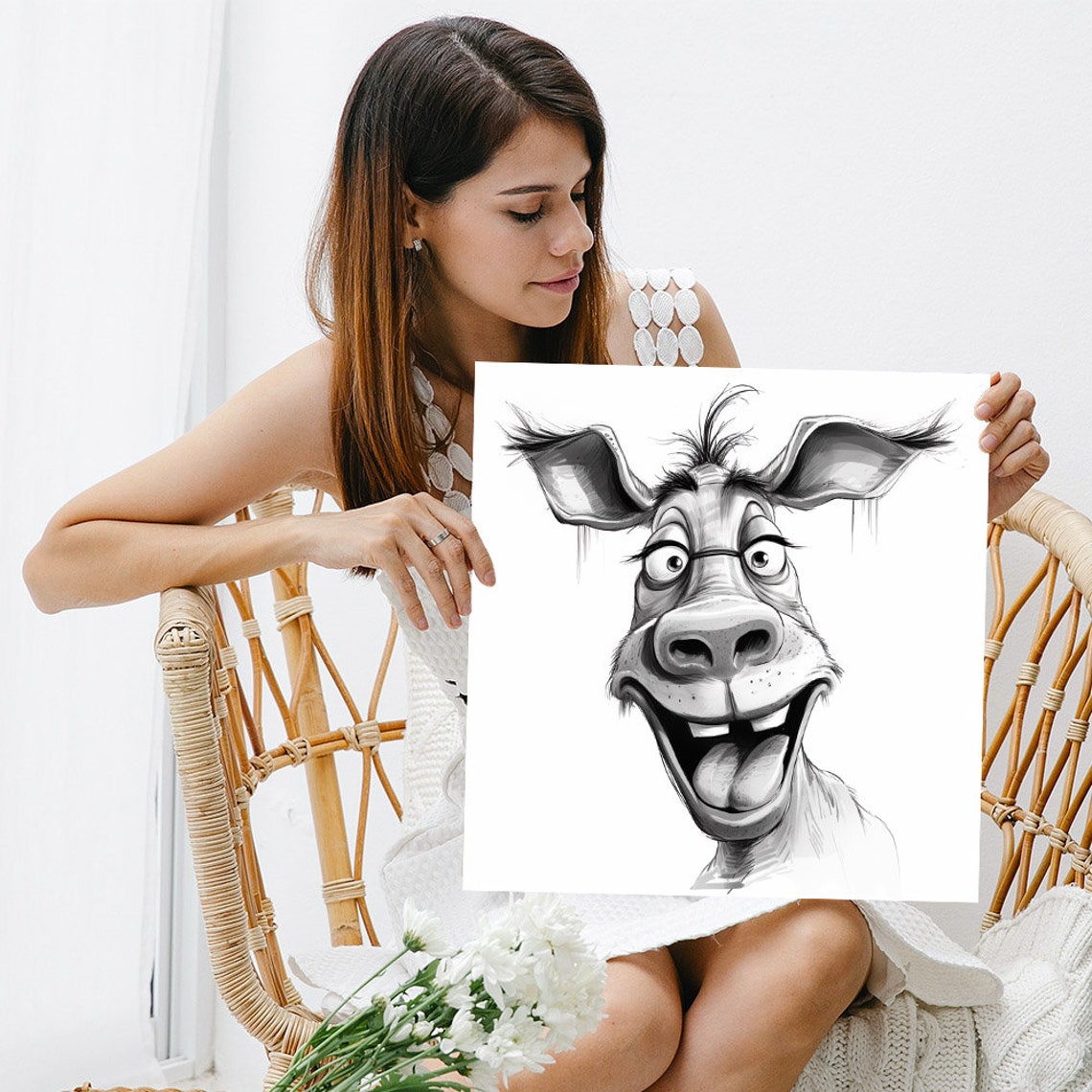 Grinning Cartoon Donkey Face Funny Black And White Animal Wall Poster - Image 3
