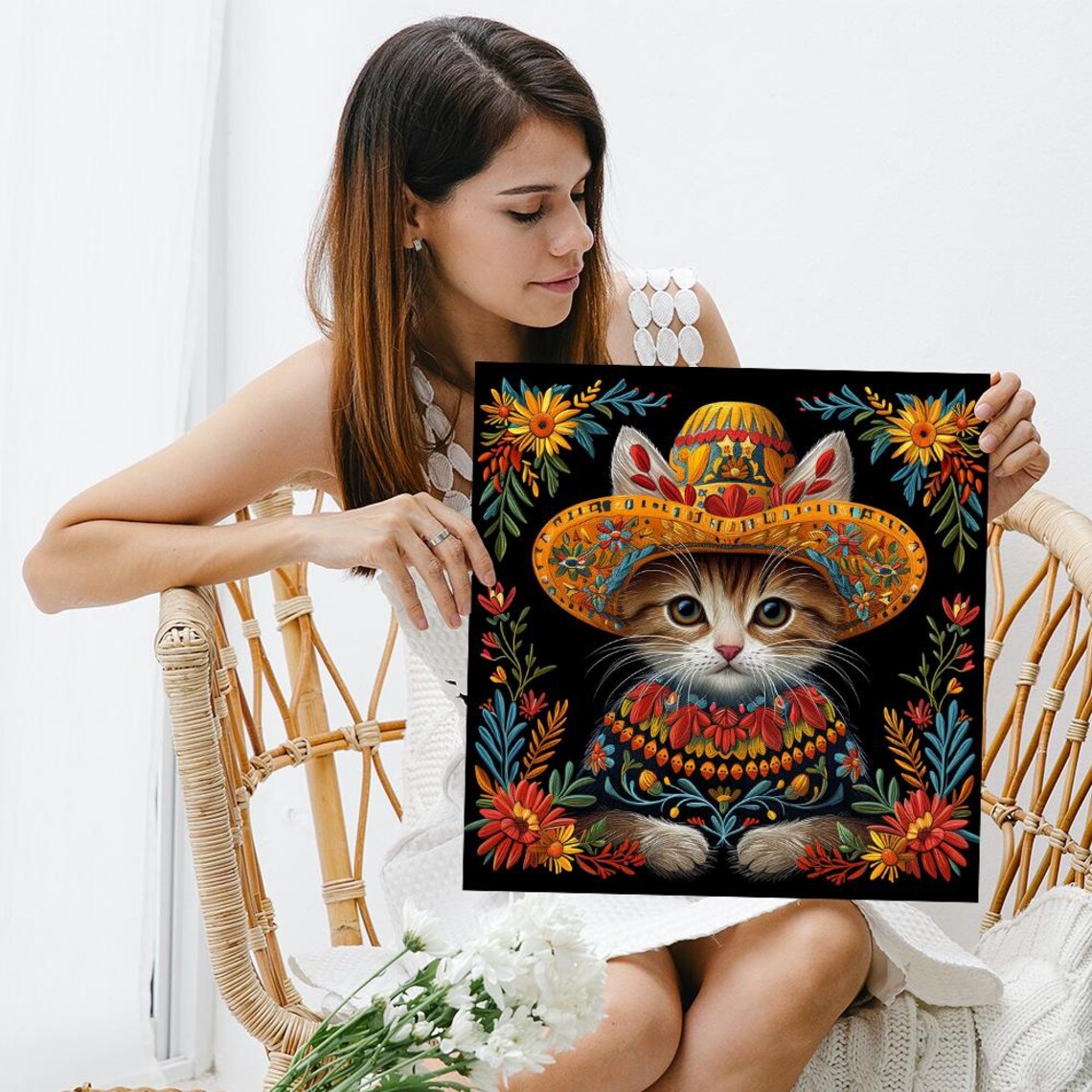 Fiesta Cat Fantasy, Whimsical Folk Bohemian Art Print - Image 3
