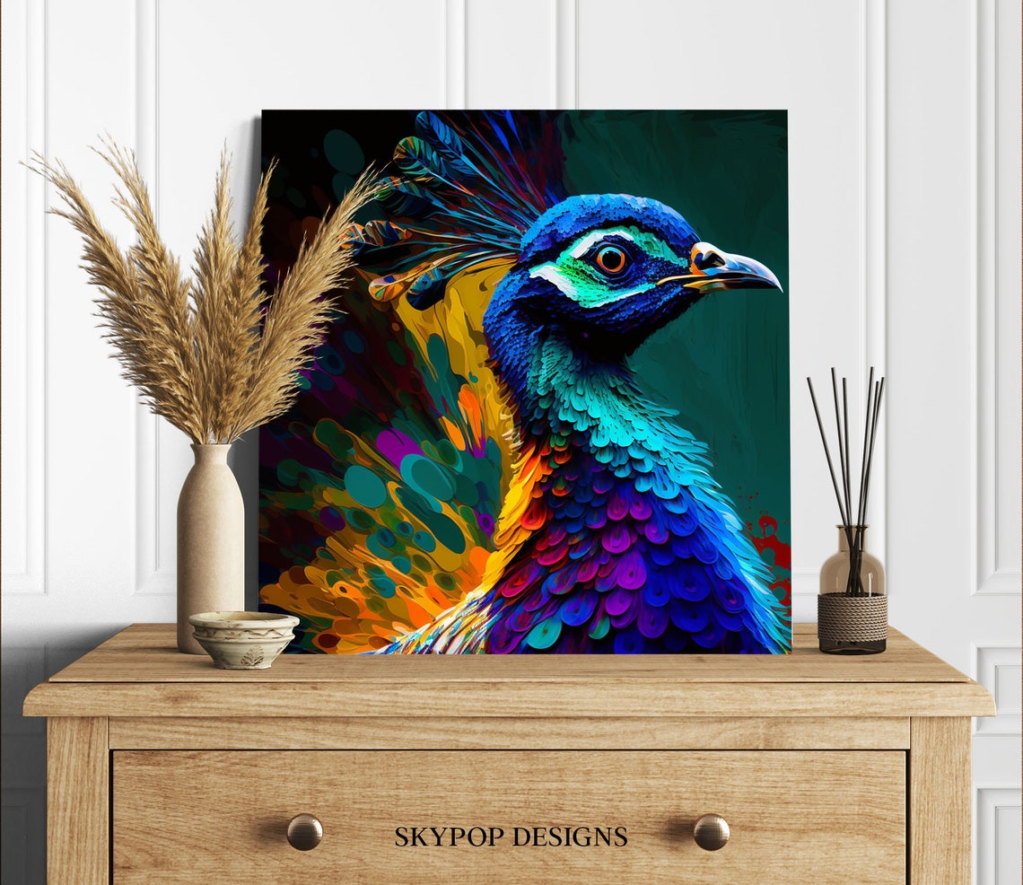 Peacock Head Portrait Dark Emerald Gold Painterly Bird Art Poster - Image 3