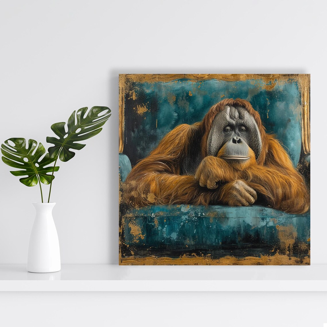 Contemporary Orangutan Portrait Art Print, Orange Blue Gold - Image 2