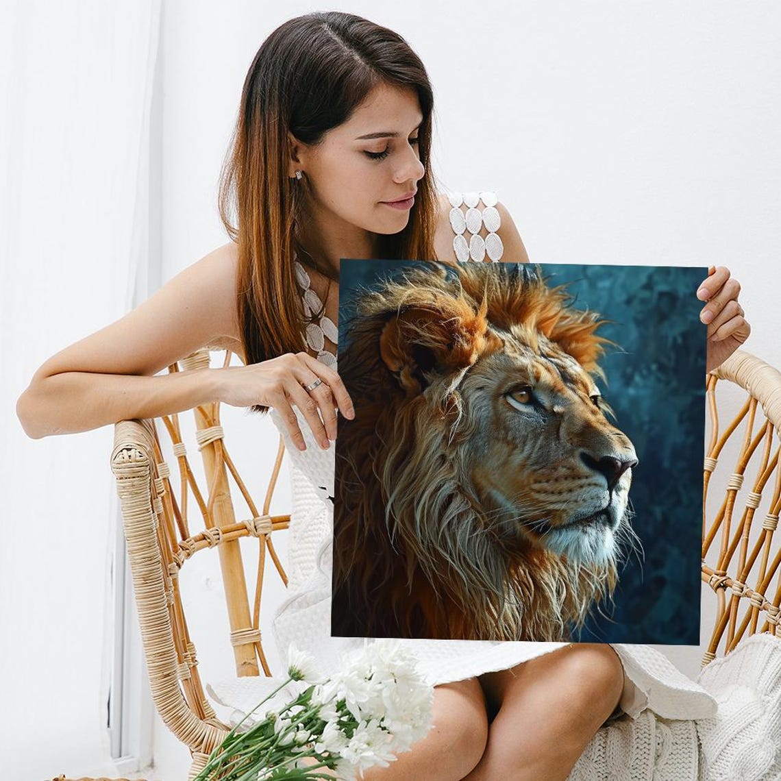Majestic Lion Profile Dramatic Teal Wildlife Fine Art Nature Poster - Image 3
