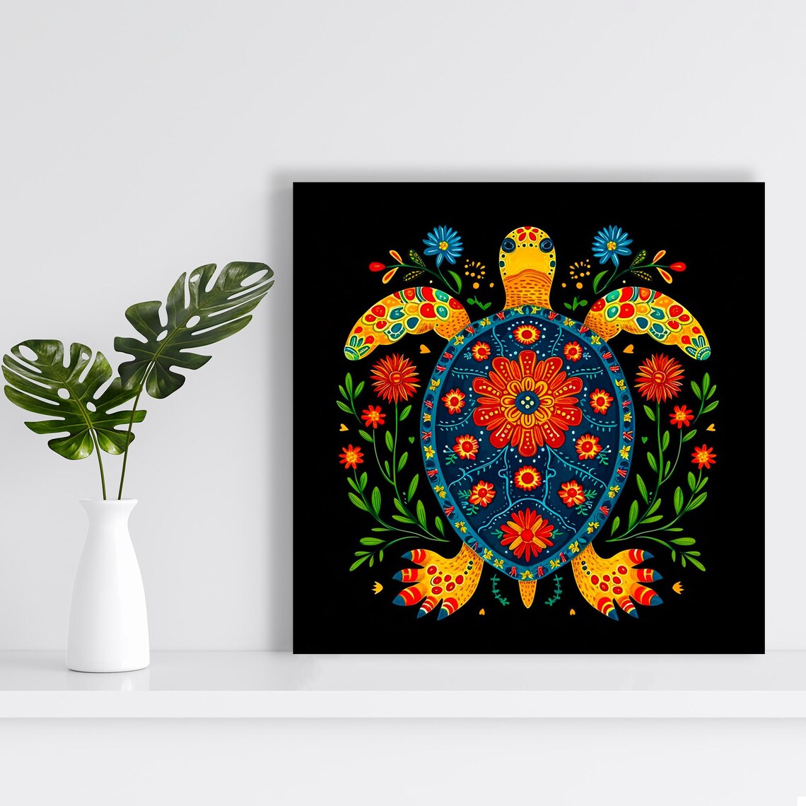 Colorful Turtle Mandala Floral Shell Folk Art Vibrant Black Wall Art Poster - Image 2