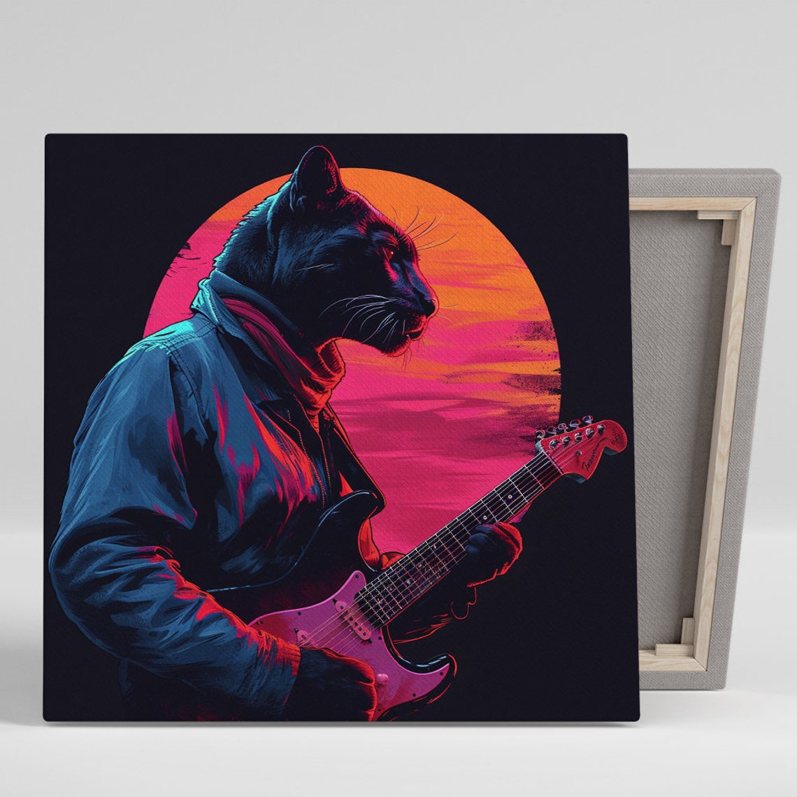 Panther Guitarist in Neon Sunset Retro Synthwave Style Poster