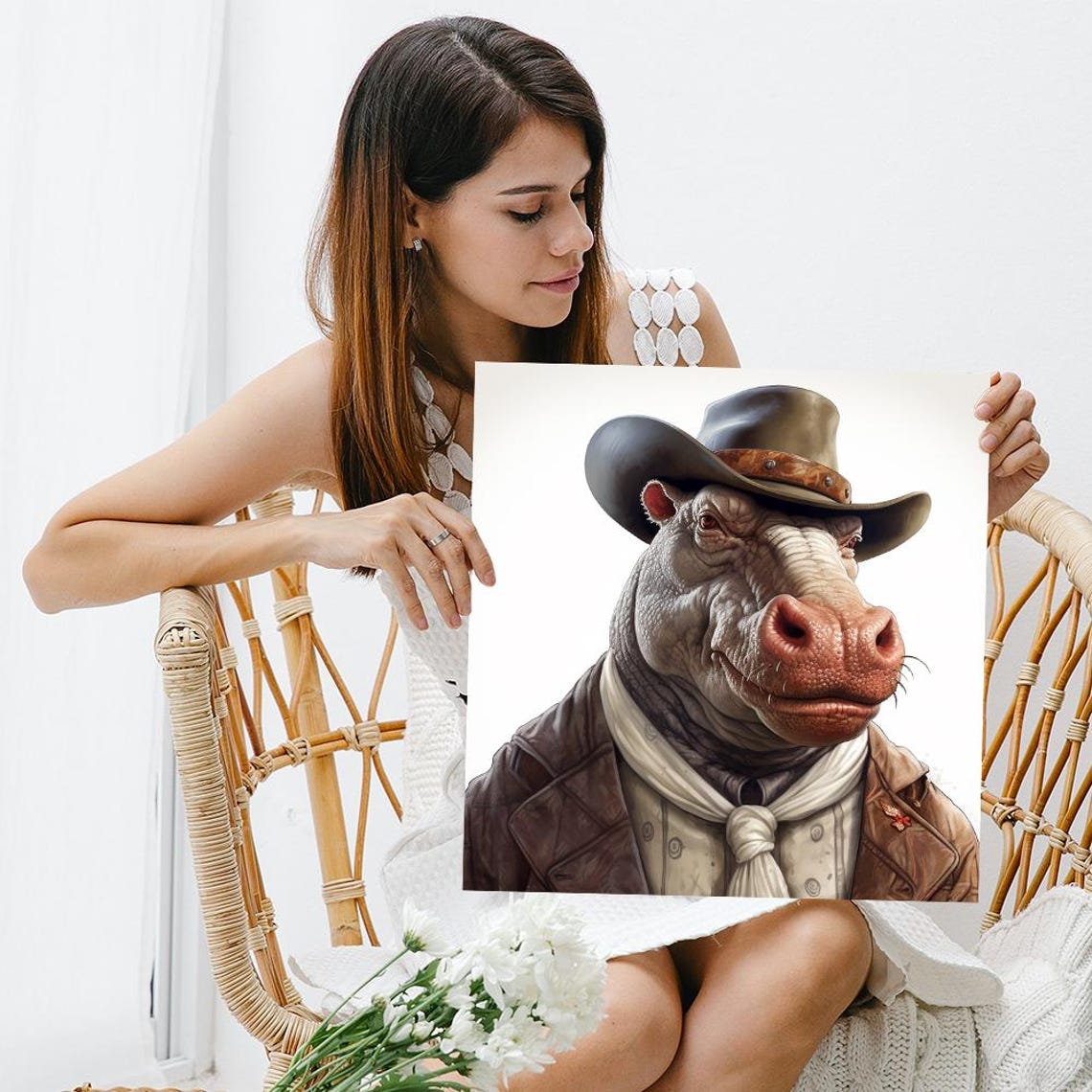 Cowboy Hippo Western Sheriff Hat Portrait Funny Animal Art Poster - Image 3