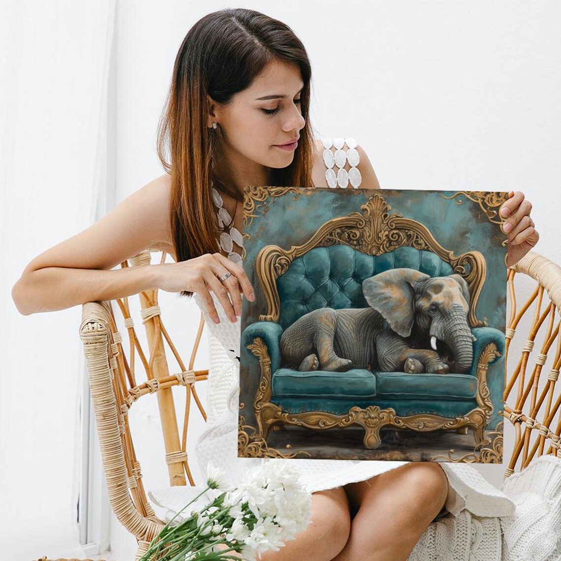Regal Elephant Repose, Whimsical Baroque Art Print - Image 3