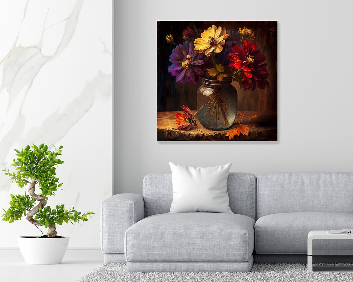 Autumn Flowers In Glass Mason Jar Moody Fall Floral Still Life Poster - Image 4