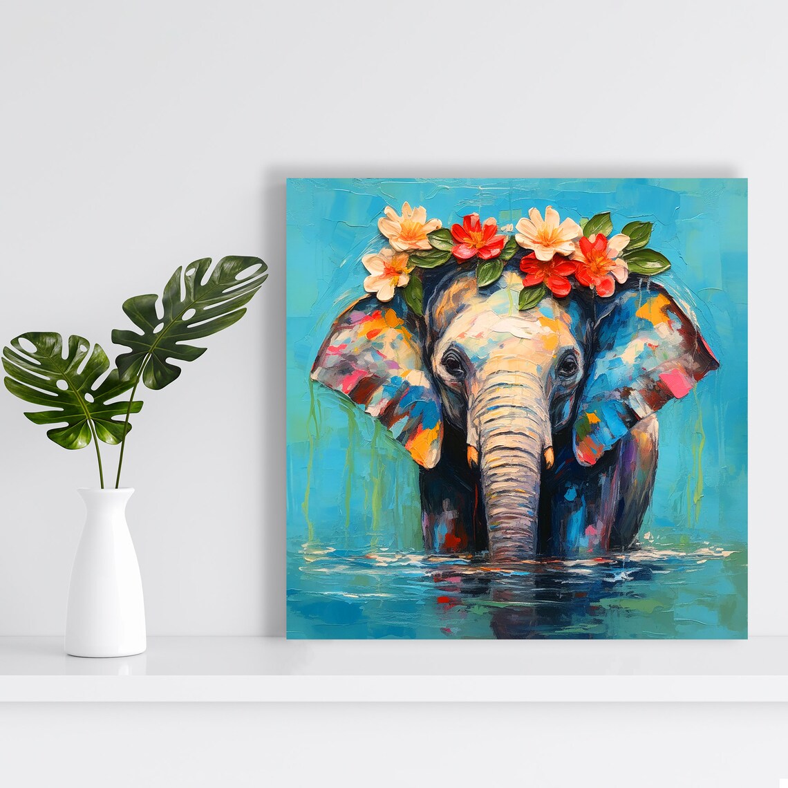 Colorful Elephant With Flower Crown Bathing In Water Bohemian Style Poster - Image 2