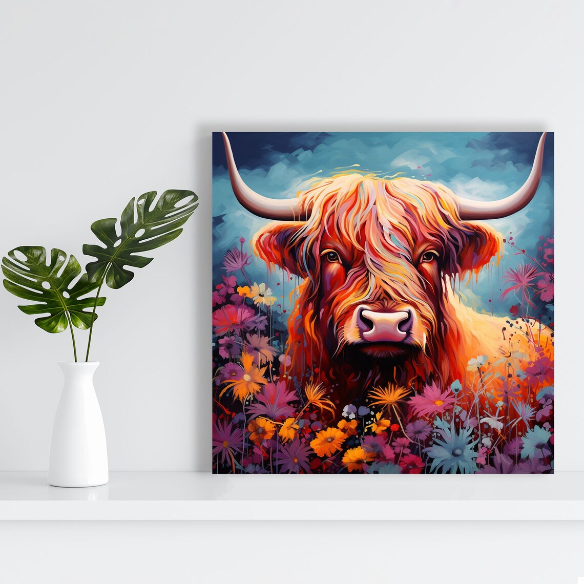 Highland Cow With Flower Or Poster Highland Cow Wall Art Scottish Highland Cow Farm Animal Art Room Decor Cow Wall Hanging - Image 2