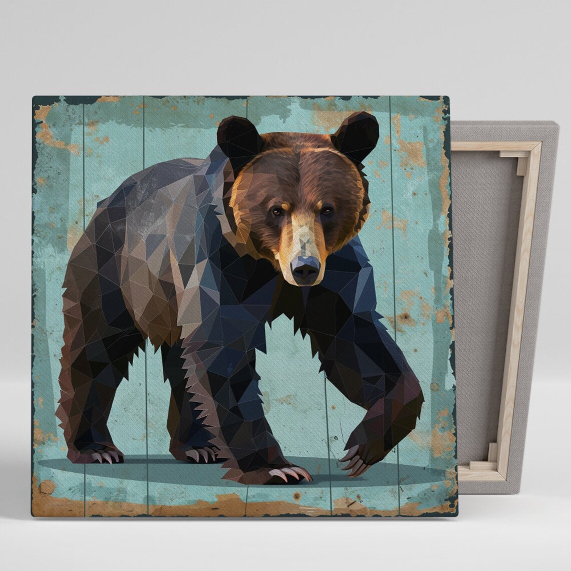 Geometric Low Poly Brown Bear Teal Wood Plank Background Poster