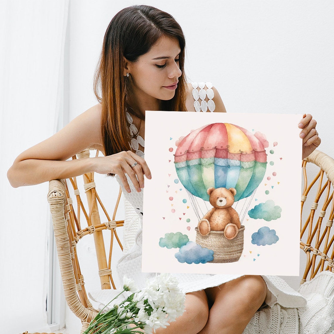 Teddy Bear Hot Air Balloon Poster Watercolor Nursery Adventure Decor - Image 3