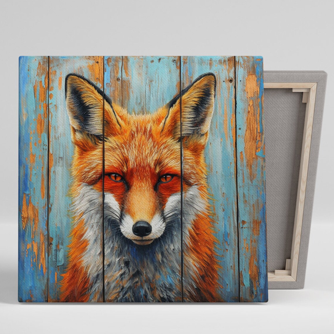 Red Fox Portrait Rustic Blue Wooden Planks Distressed Barnwood Art Poster