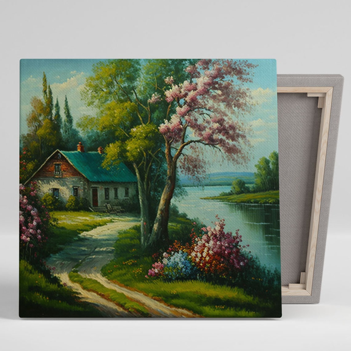 Spring Blossom Cottage Riverside Path Flowering Trees Landscape Poster