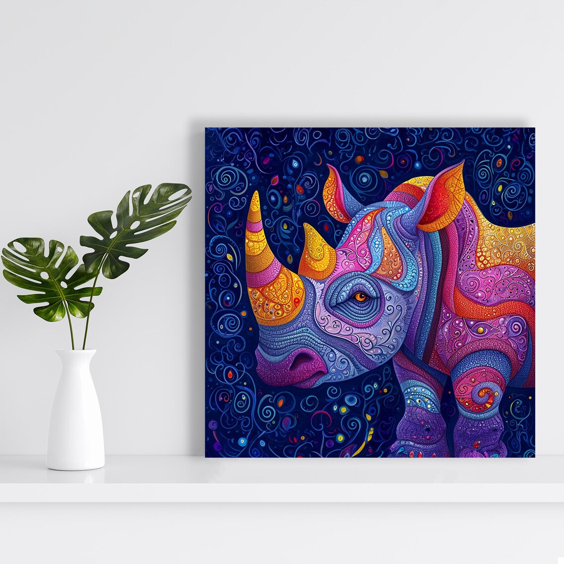 Cosmic Rhino Dreamscape Ornate Swirl Purple Night Sky Animal Poster - Image 2