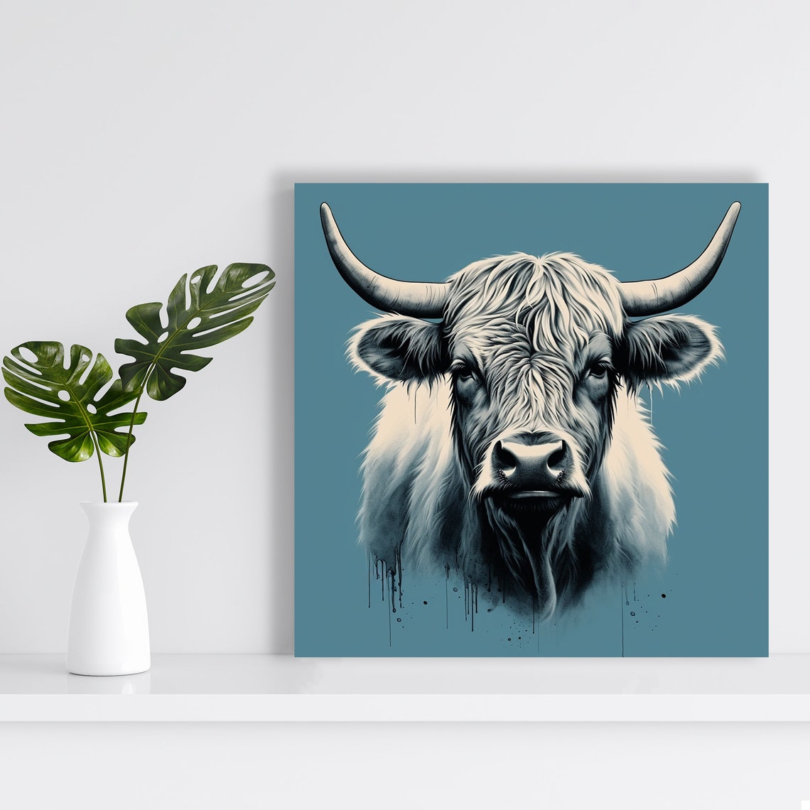 Highland Cow Portrait Grayscale on Teal Rustic Farmhouse Wall Poster - Image 2