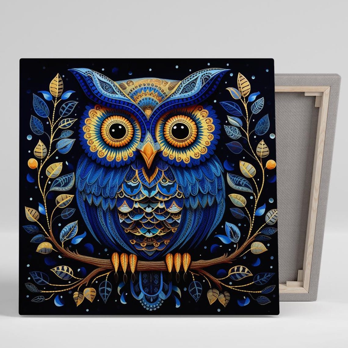 Ornate Blue Gold Owl Decorative Night Branch Boho Animal Art Poster