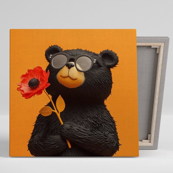 Cool Black Bear Sunglasses Holding Red Poppy Flower Orange Background Poster