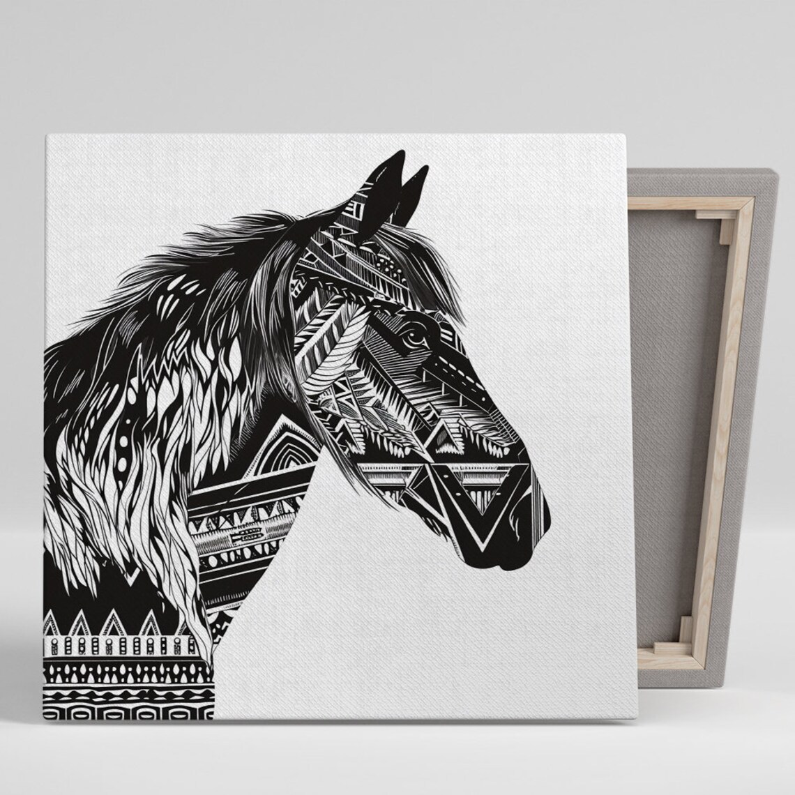 Tribal Horse Head Profile Black White Geometric Zentangle Equine Art