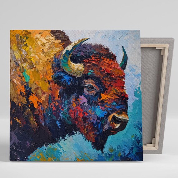 Bison Mosaic Art Or Poster Vibrant Impressionism Rustic Decor Living Room Office Bedroom Wall Art Multicolor Orange Blue Red